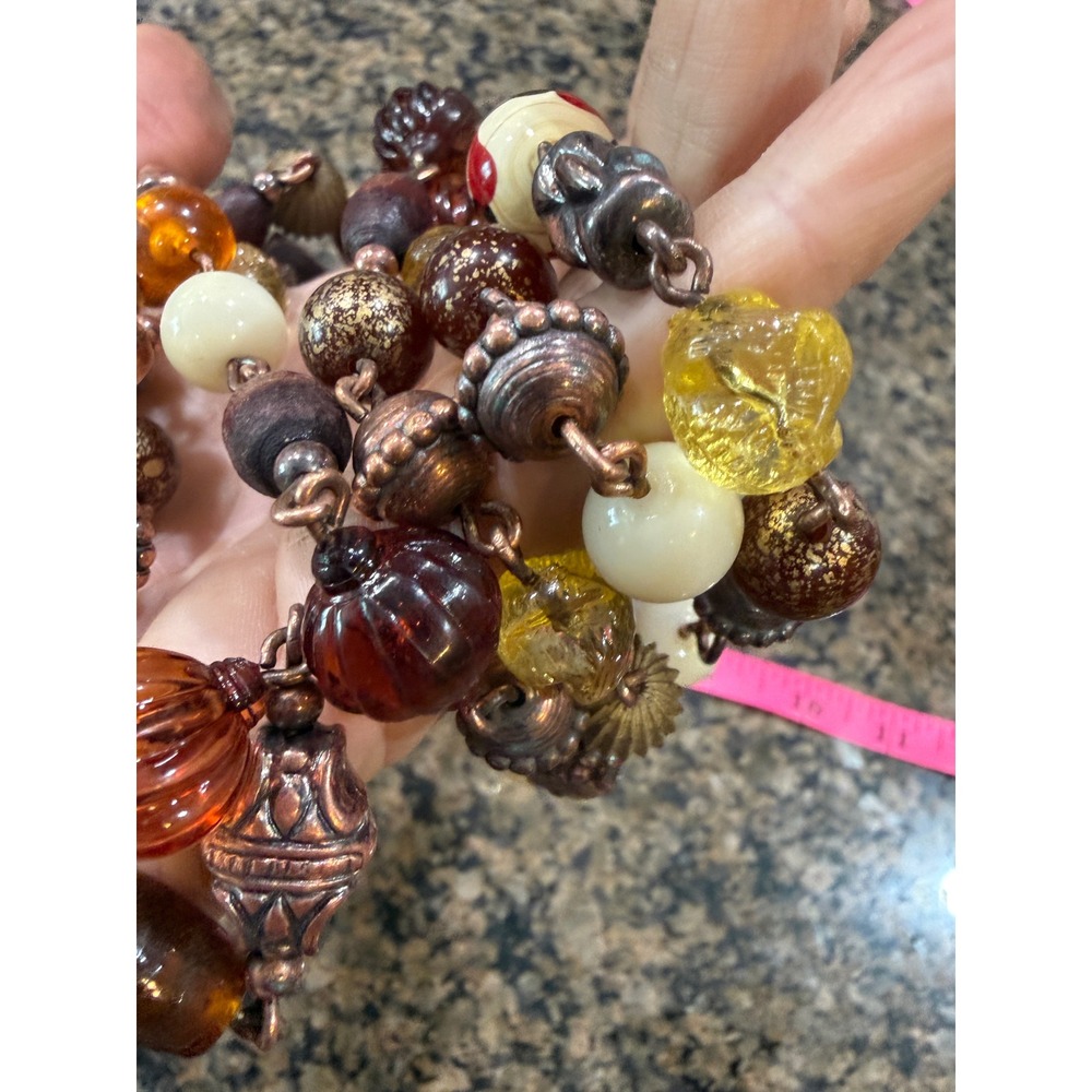 Boho Double Strand Beaded Necklace Copper Flared Cross Amber Cream Earth Tones - Picture 8 of 12